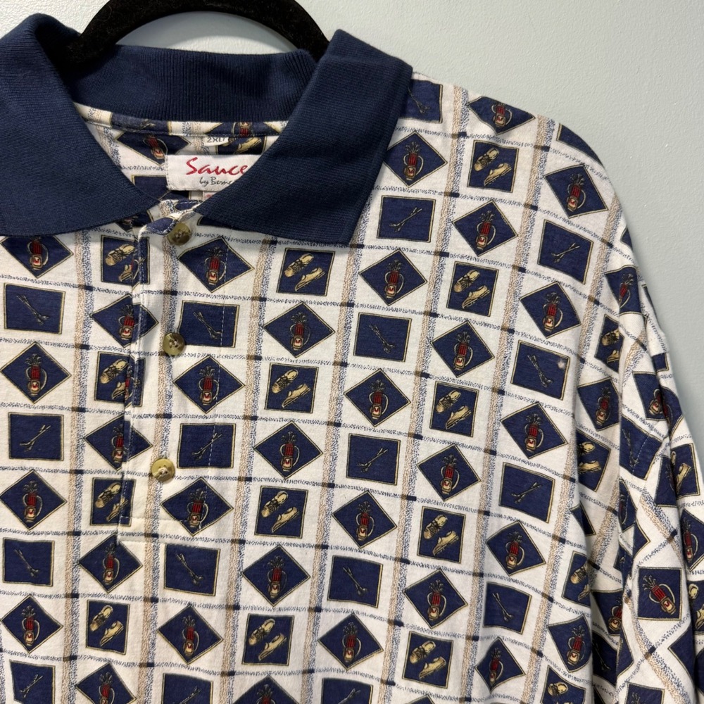 Vintage Sauce by Berne Golf Print Polo Shirt Mens 2XLT Blue‎ White Cotton